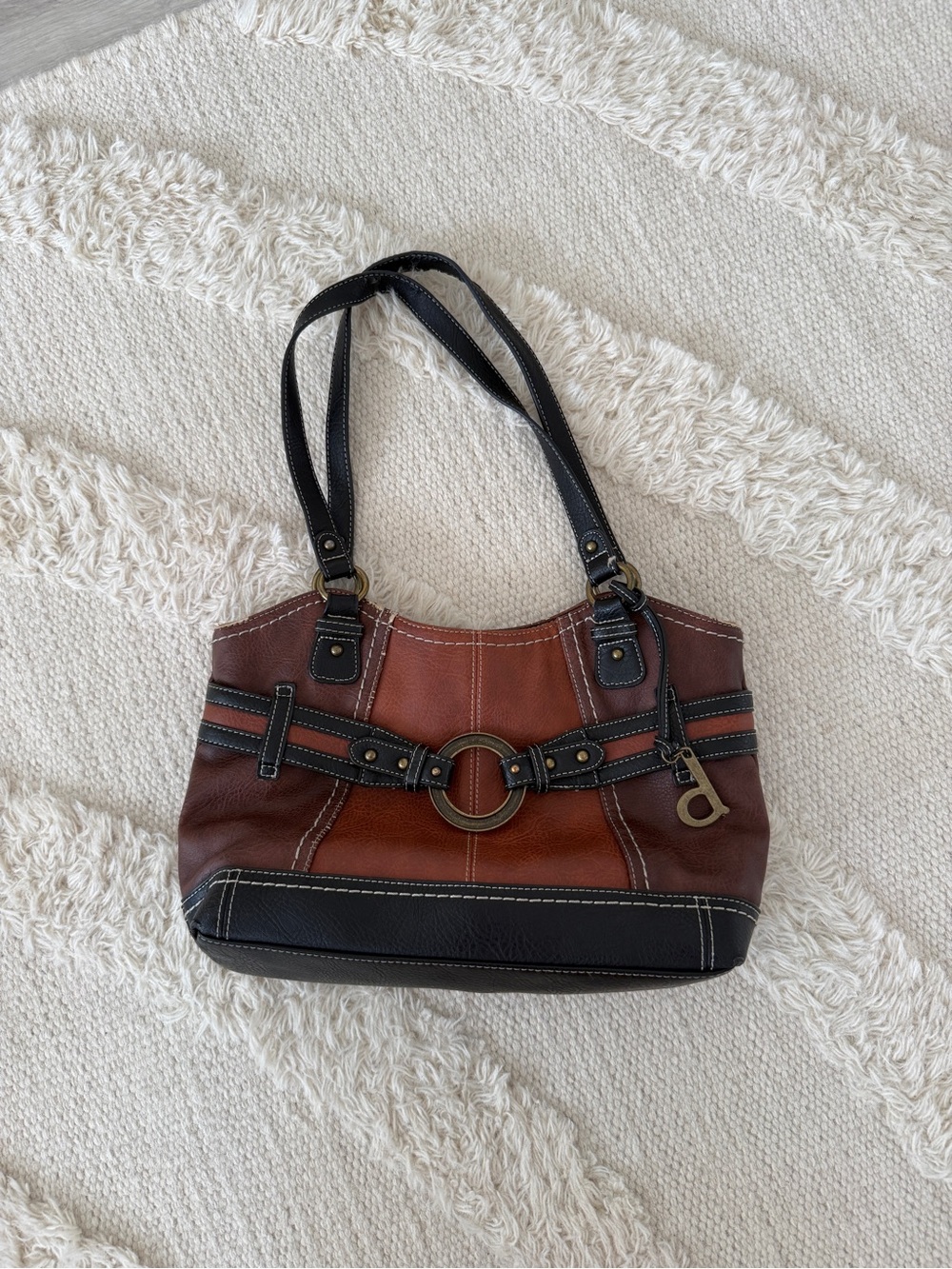 Vintage Brown & Black Leather Shoulder Bag with Brass Ring
